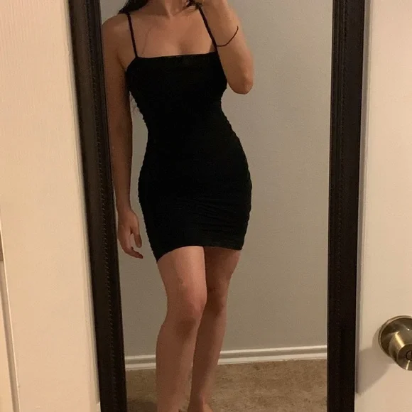 black scrunch dress Lucia Sheer Sleeve Ruched Mini Dress main image 0